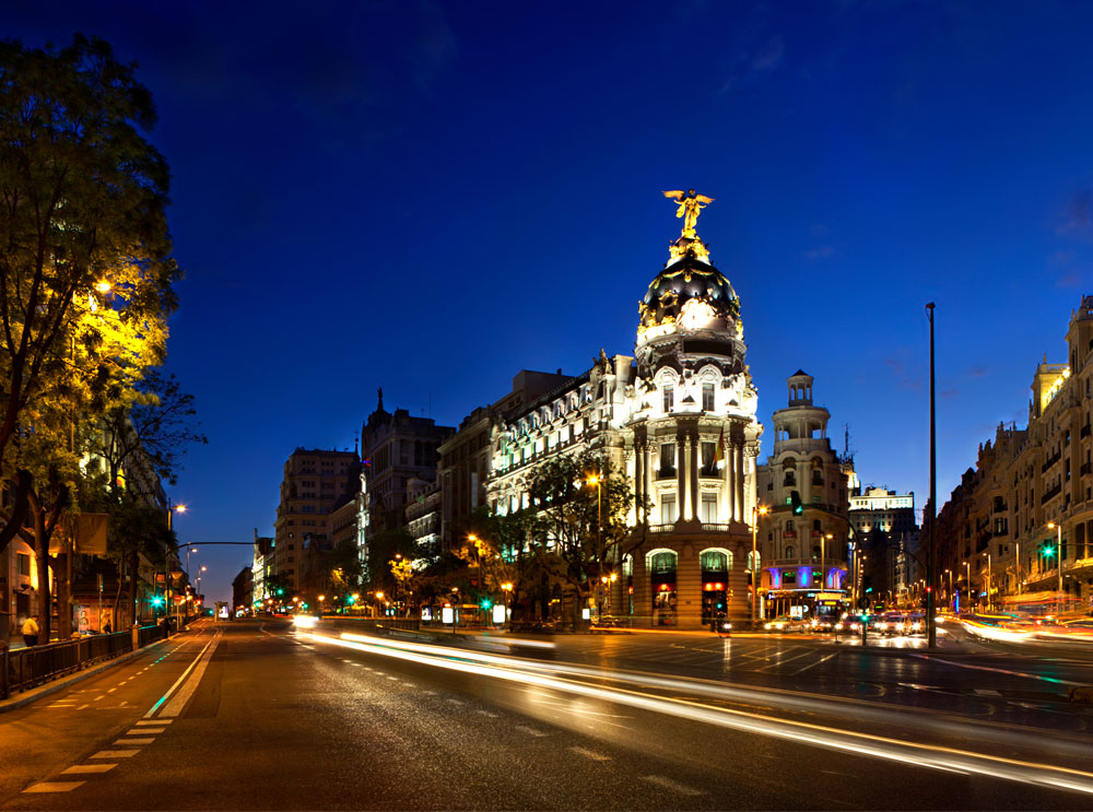 Landmark in Madrid lit up at night