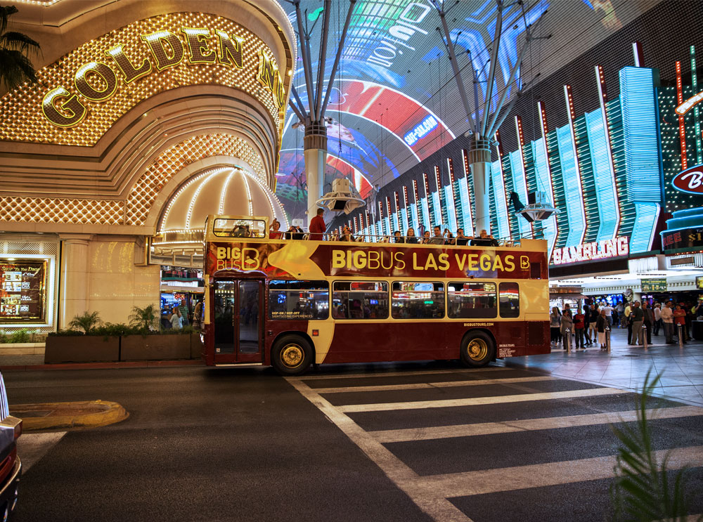 Big Bus night tour in Las Vegas outside Golden Nugget Hotel and Casino