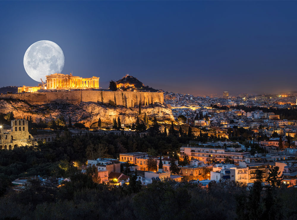 Panoramic view of Athens at night