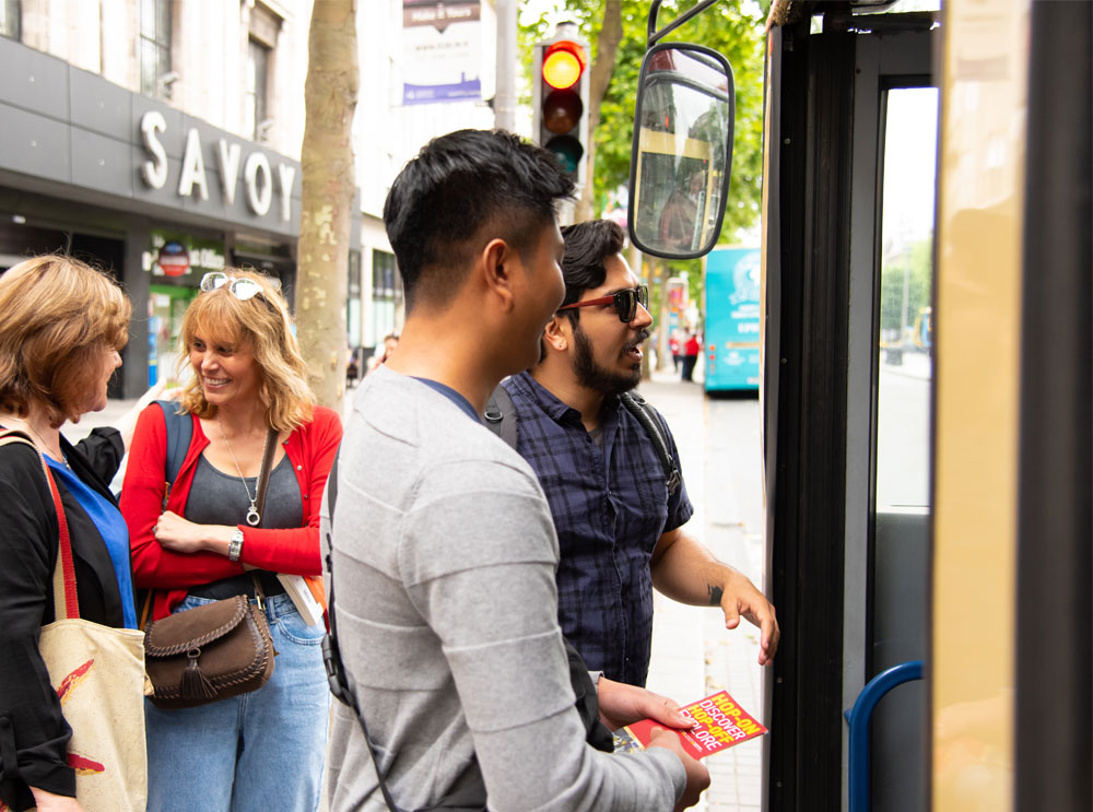 Passengers queuing for a Big Bus hop on hop off tour