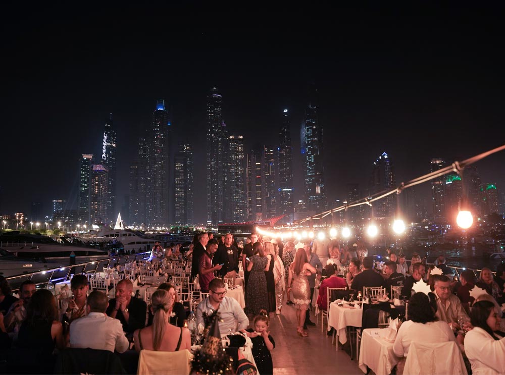 Dubai Marina's landmarks at night