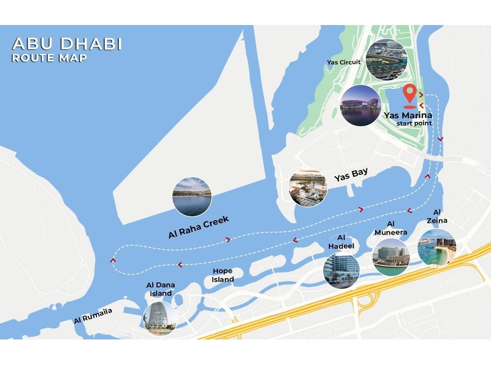 Route map for the Tour Dubai Yas Island sightseeing dhow cruise in Abu Dhabi