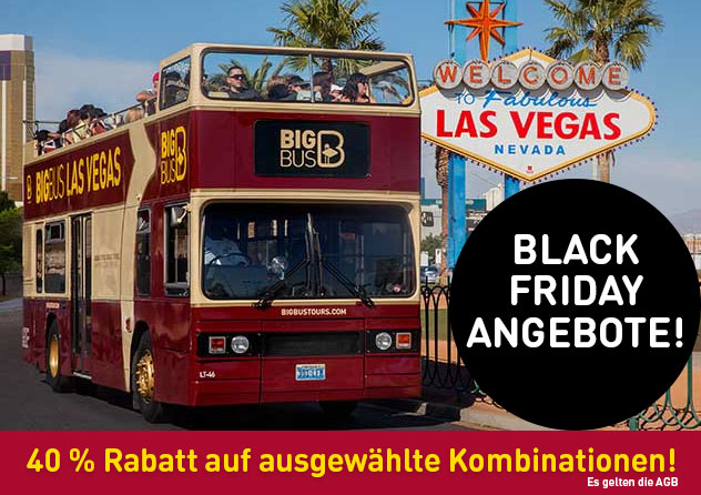 Big Bus Tours Las Vegas neben dem „Welcome to Fabulous Las Vegas“-Schild