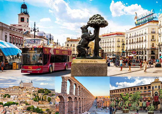 Vista de Big Bus Tours Madrid detrás de la estatua El Oso y el Madroño en Madrid, España.