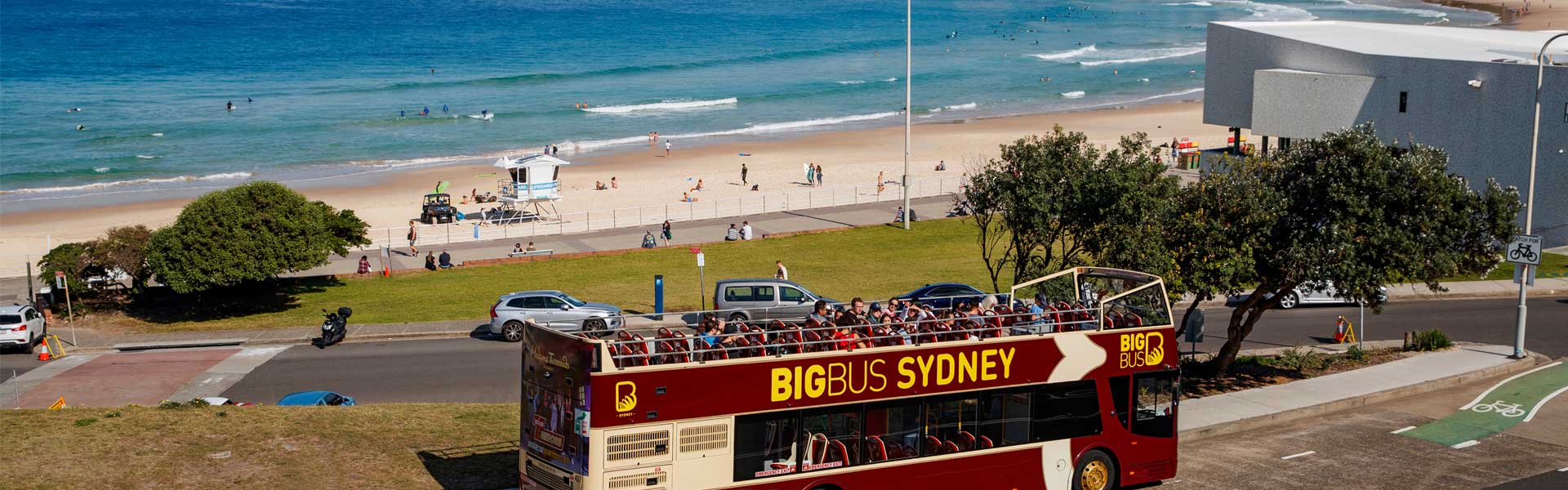 View of Big Bus Tours parked at Bondi Beach in Sydney, Australia