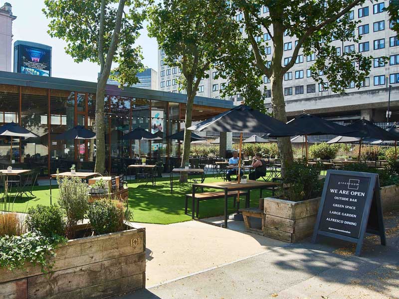 View of the Green Room restaurant garden in London