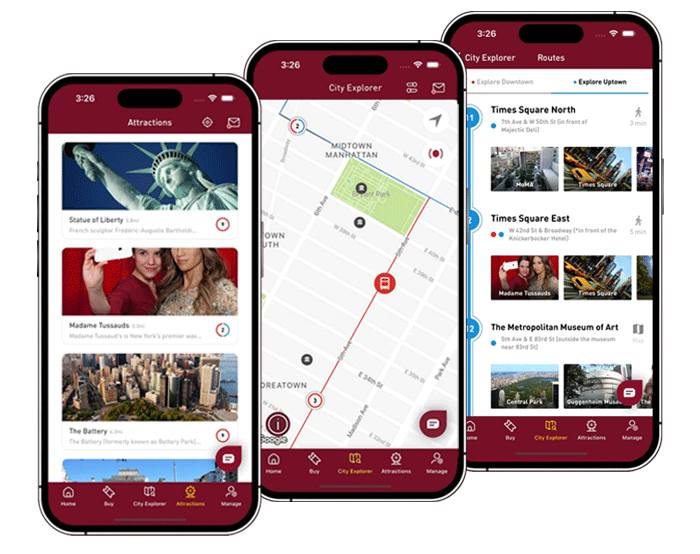 Imagen de tres iPhones que muestran capturas de pantalla de la aplicación Big Bus Tours