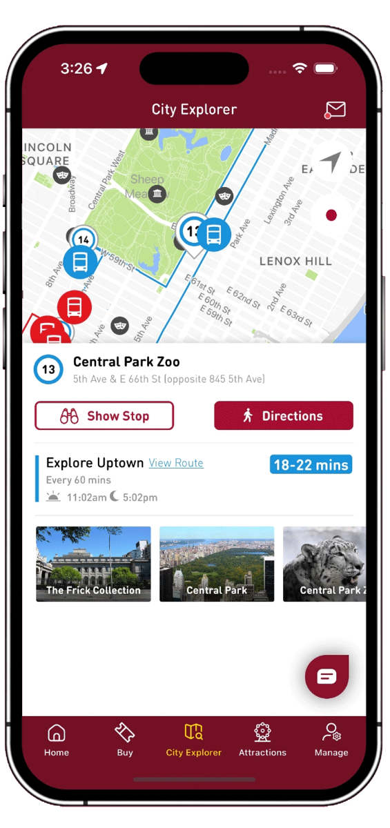 Kép a New York-i Central Park látnivalóiról szóló információs képernyőről a Big Bus Tours mobilalkalmazásban iPhone-on